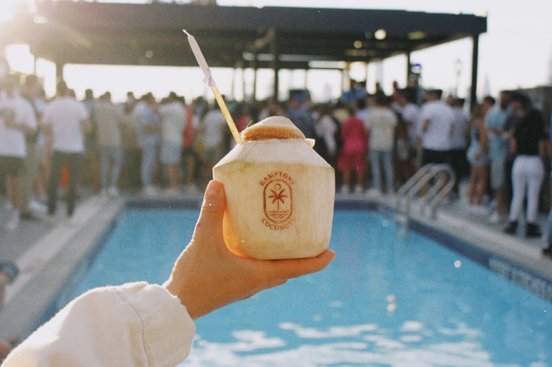 One fresh branded coconut on a ledge overlooking New York City and the Hudson River